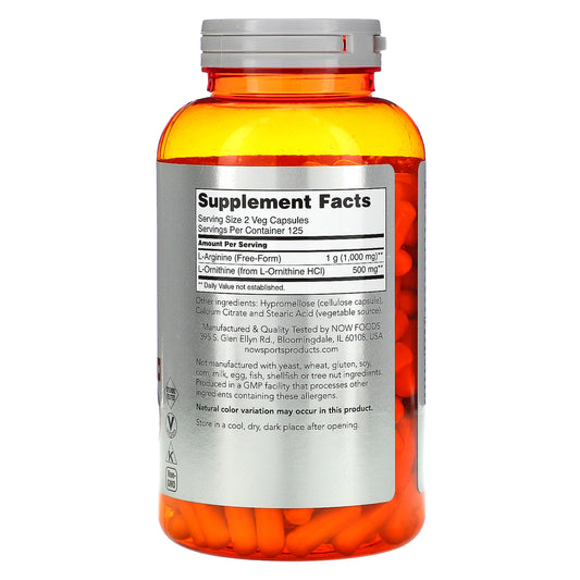 NOW Foods, Sports, Arginine & Ornithine, 500 mg /250 mg Veg Capsules