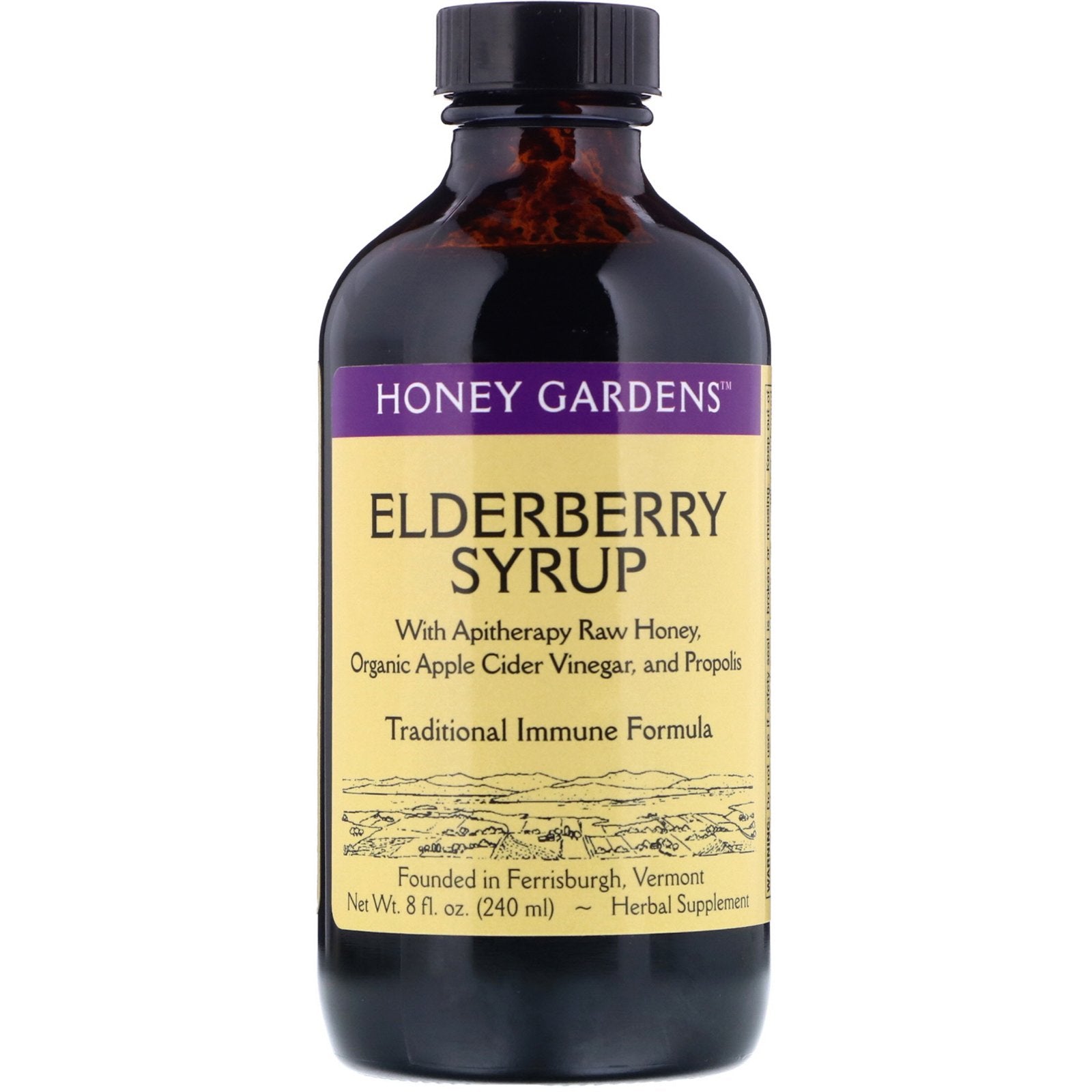 Honey Gardens, Elderberry Syrup with Apitherapy Raw Honey, Organic Apple Cider Vinegar and Propolis (240 ml)