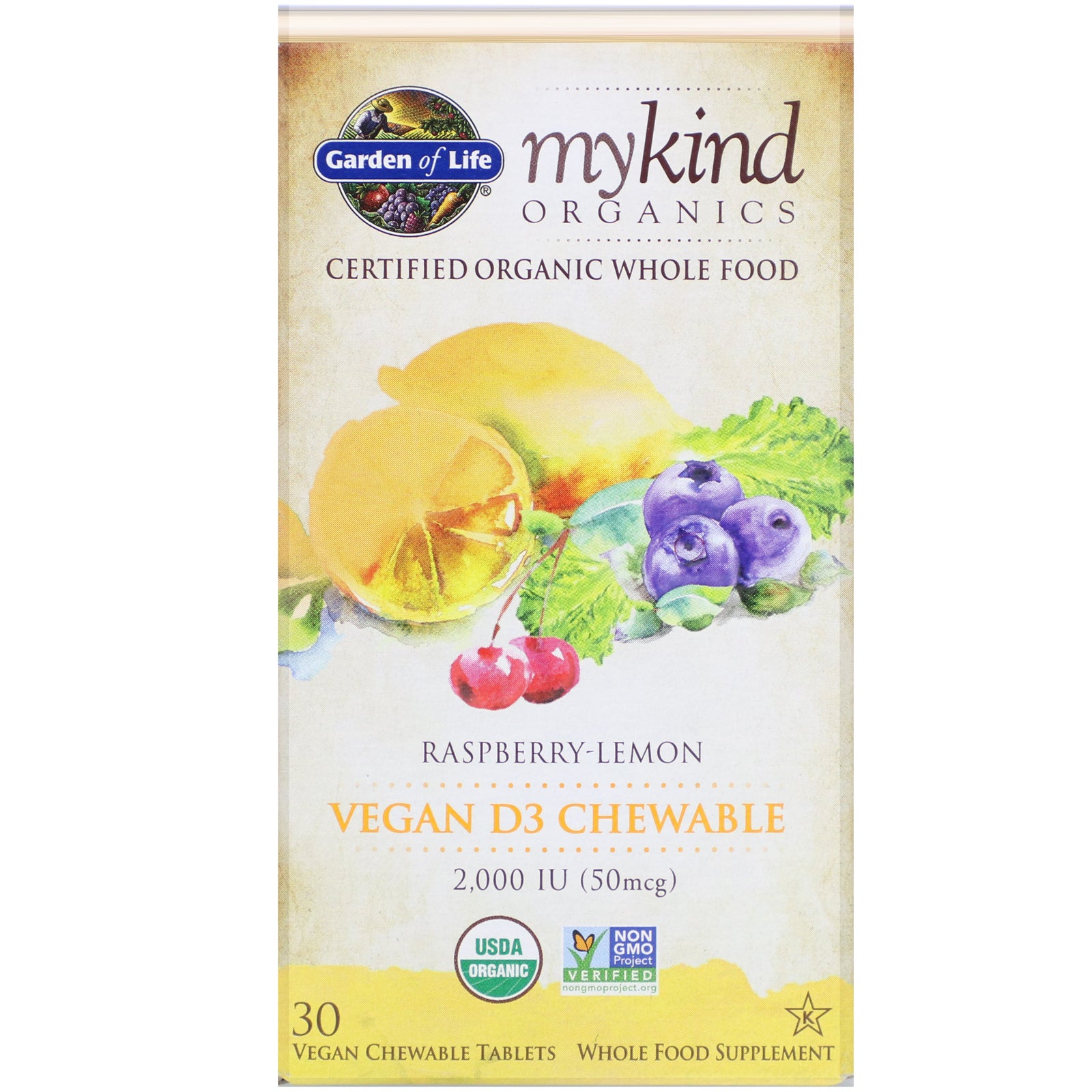 Garden Of Life, Mykind Organics, Vegan D3, Raspberry-Lemon, 50 Mcg (2,000 Iu), Vegan Chewable Tablets