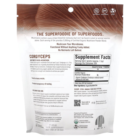Om Mushrooms, Cordyceps, Certified Organic Mushroom Powder, (200 g)