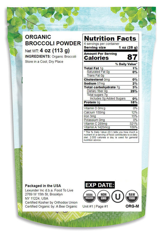 Organic Broccoli Powder,  Non-GMO, Raw, Kosher, 100% Pure, Ground from Whole Vegetables, Vegan Superfood, Bulk, Rich in Fiber, Vitamins C and A, Great for Juices, Drinks, and Smoothies