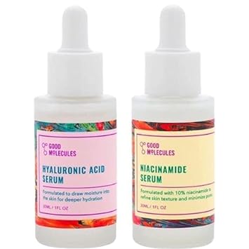 Good Molecules Hyaluronic Acid Serum 1 . and Niacinamide Serum 1 . SET. Brighten, Hydrate and Smooth Skin. Lightweight and Water Based Formula. Vegan and Cruelty Free