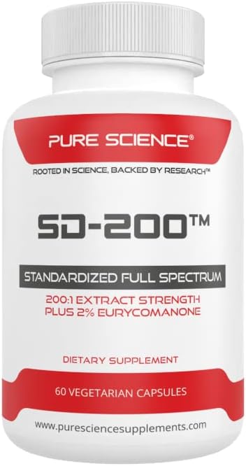 Pure Science SD-200 Tongkat Ali Extract - 200:1 Extract Plus 2% Eurycomanone - 60 Vegetarian Capsules