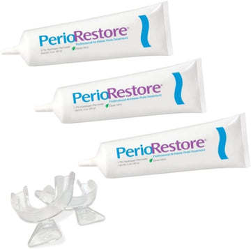 Perio Restore® Gel 3  Tube; 3 Pack. 1.7% Hydrogen Peroxide Oral Cleansing Treatment Gel. Includes Two (2) Trays for Ease of Application. Mint avor