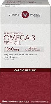 Vitamin World Triple Strength Omega-3 Fish Oil 1360 mg 180 softgels, 950 Active Omega-3, Heart Health, Cardio Support, R