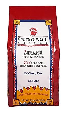 Puroast Low Acid Coffee Ground, Premium Mocha Java, Medium Roast, Certified Low Acid Coffee, pH 5.5+, Gut Health, Higher Antioxidant, Smooth for Espresso, Iced Coffee