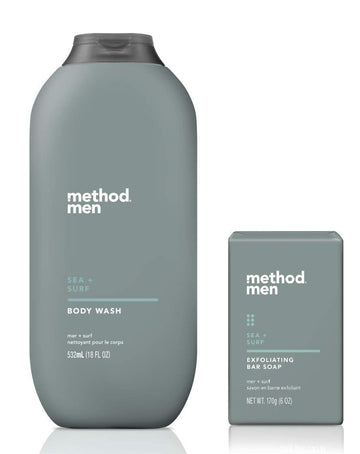 Method Men's - Sea + Surf Body Wash 18  & Sea + Surf Exfoliating Bar Soap, 6  - Set of 2