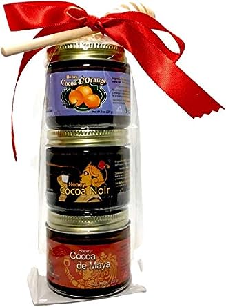 Zen Bear | Honey Cocoa Three Jar Sample Stack with Honey Dipper | Includes Cocoa Noir, Cocoa L'Orange, and Cocoa de'Maya | Three  jars