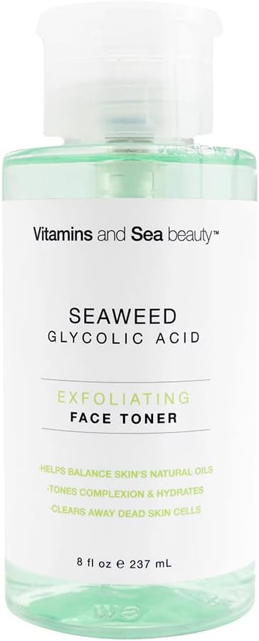 Vitamins and Sea Beauty, Exfoliating Face Toner with Glycolic Acid and Seaweed, Oil Control Facial PH Balancing Dead Skin Pore Minimizer, All Skin Types, 8