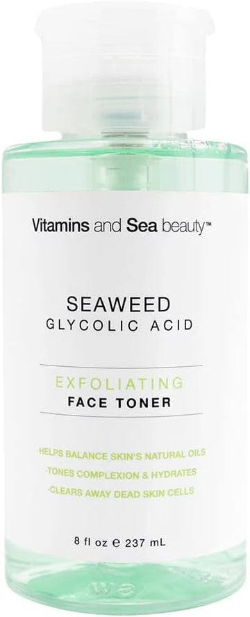 Vitamins and Sea Beauty, Exfoliating Face Toner with Glycolic Acid and Seaweed, Oil Control Facial PH Balancing Dead Skin Pore Minimizer, All Skin Types, 8