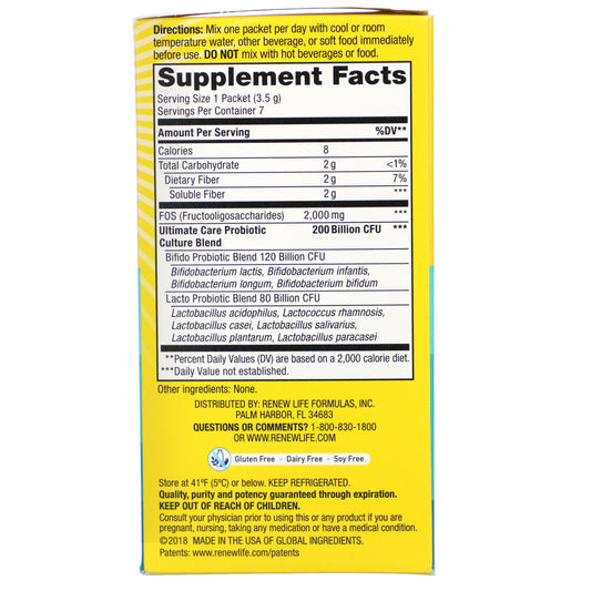 Renew Life, Ultimate Care, Ultimate Flora Probiotic, 200 Billion Live Cultures, 7 Packets, 0.12 Oz (3.5 G) Each