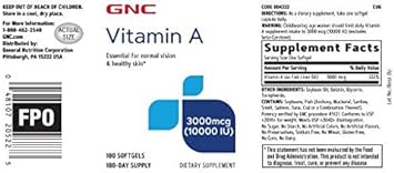 GNC Vitamin A 3000mcg (10000IU), 180 Softgels, Promotes Normal Vision