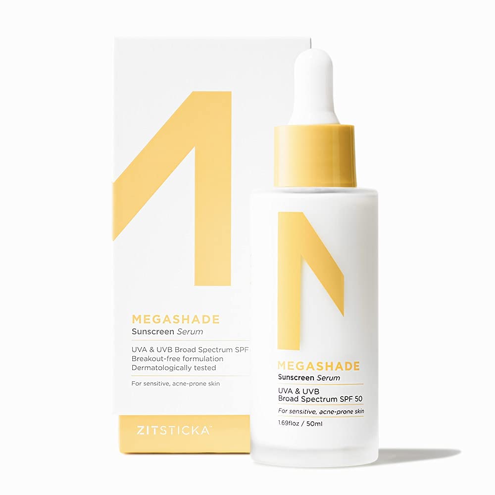 ZitSticka MEGASHADE Sunscreen Serum for Face w/SPF 50-50ml UVA/UVB Protection - Ideal Skin Care for Breakout Prone & Sensitive Skin - Lightweight & Dermatologist Tested