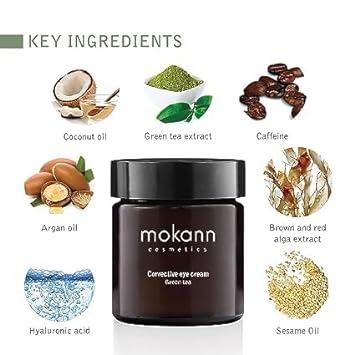 Mokann Cosmetics Corrective Eye Cream Green Tea for Dark Circles and Puffiness, Daily Anti-Aging Under Eye Cream to Remove Wrinkles with Hyaluronic Acid, Green Tea, Caffeine. Advanced Organic Eye Treatment 30 ml (1 )