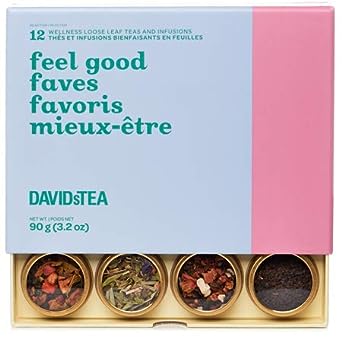 DAVIDsTEA Feel Good Faves 12 Tea Sampler, Loose Leaf Tea Gift Set, Assortment of 12 Wellness Teas and Infusions