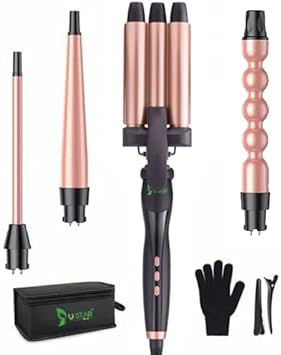 USTAR Curling Iron 3 Barrel Hair Waver 4 in 1 Hair Crimper Wand Set with LED Temp Control, 1 inch Ceramic Tourmaline Triple Barrels, Instant Heat Up, Glove & 2 Hair Clips