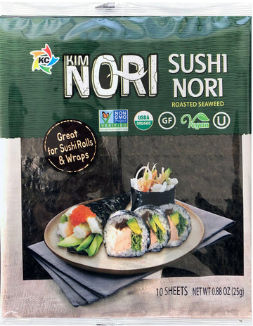 Organic 10 Full Size Sheet KIMNORI Sushi Nori Premium Roasted Seaweed Rolls Wraps Snack  ( 25g ) Laver, USDA ORGANIC, Gluten Free, No MSG, NON-GMO, Vegan, Kosher