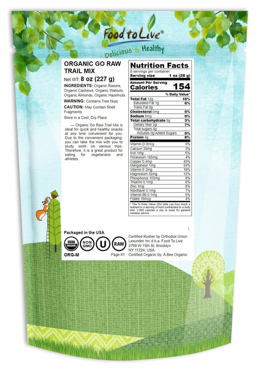 Organic Go Raw Trail Mix,  - Raw and Non-GMO Snack Mix Contains Walnuts, Almonds, Cashews, Hazelnuts, and Raisins. Vegan Superfood, Kosher, No Added Sugar and Oil, Bulk