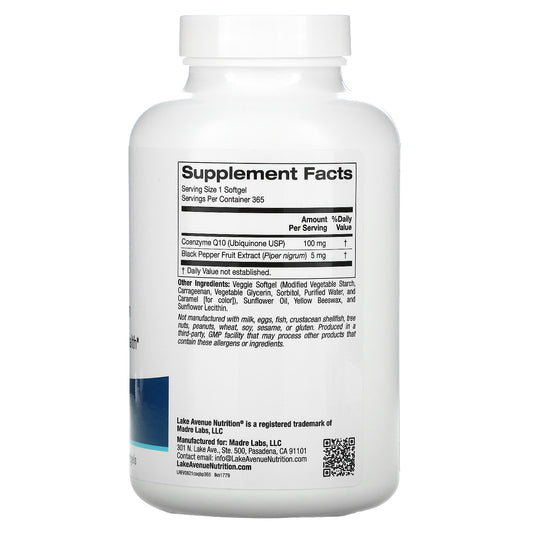 Lake Avenue Nutrition, Coq10 Plus Bioperine, 100 Mg Veggie Softgels
