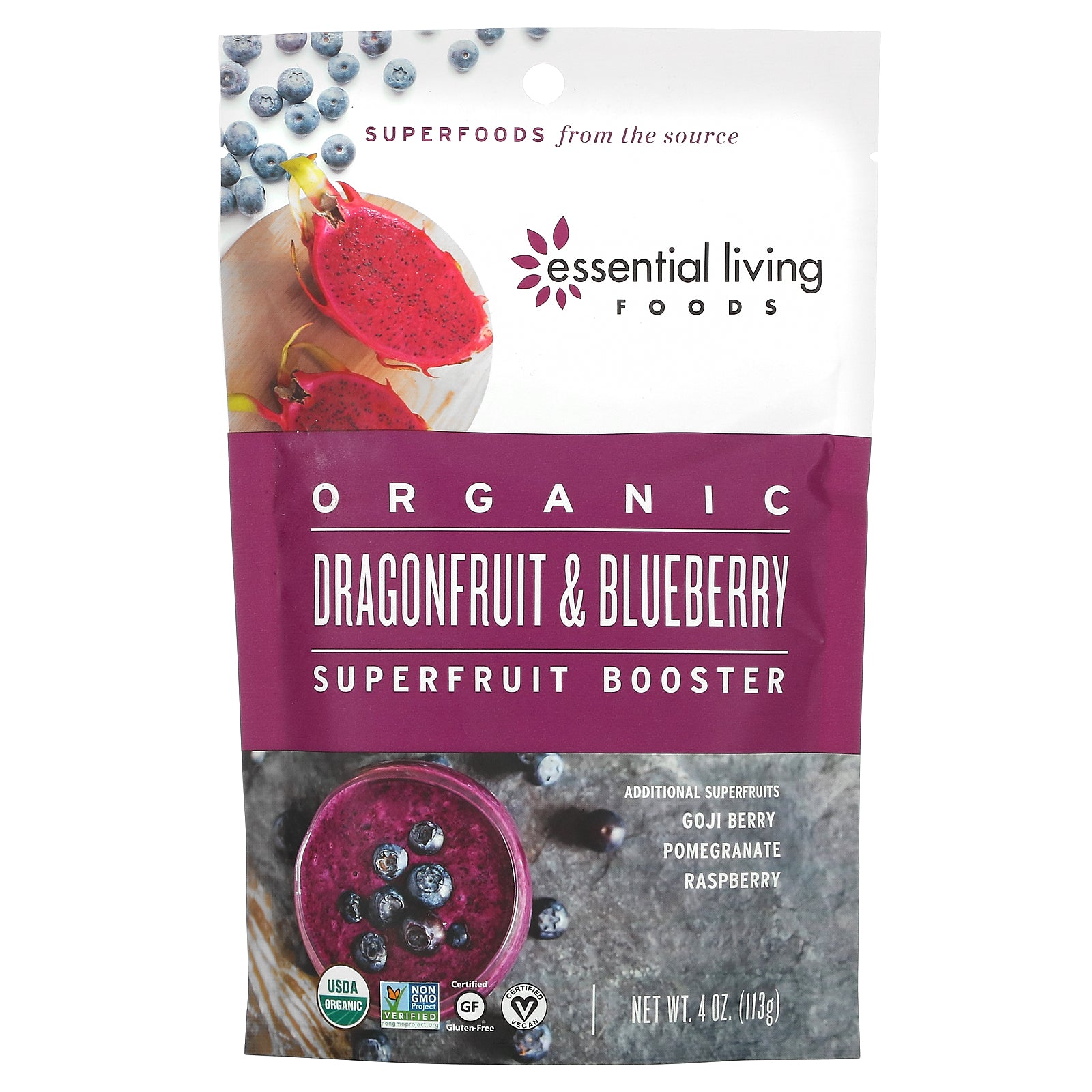 Essential Living Foods, Organic Dragonfruit & Blueberry Superfruit Booster (113 g)