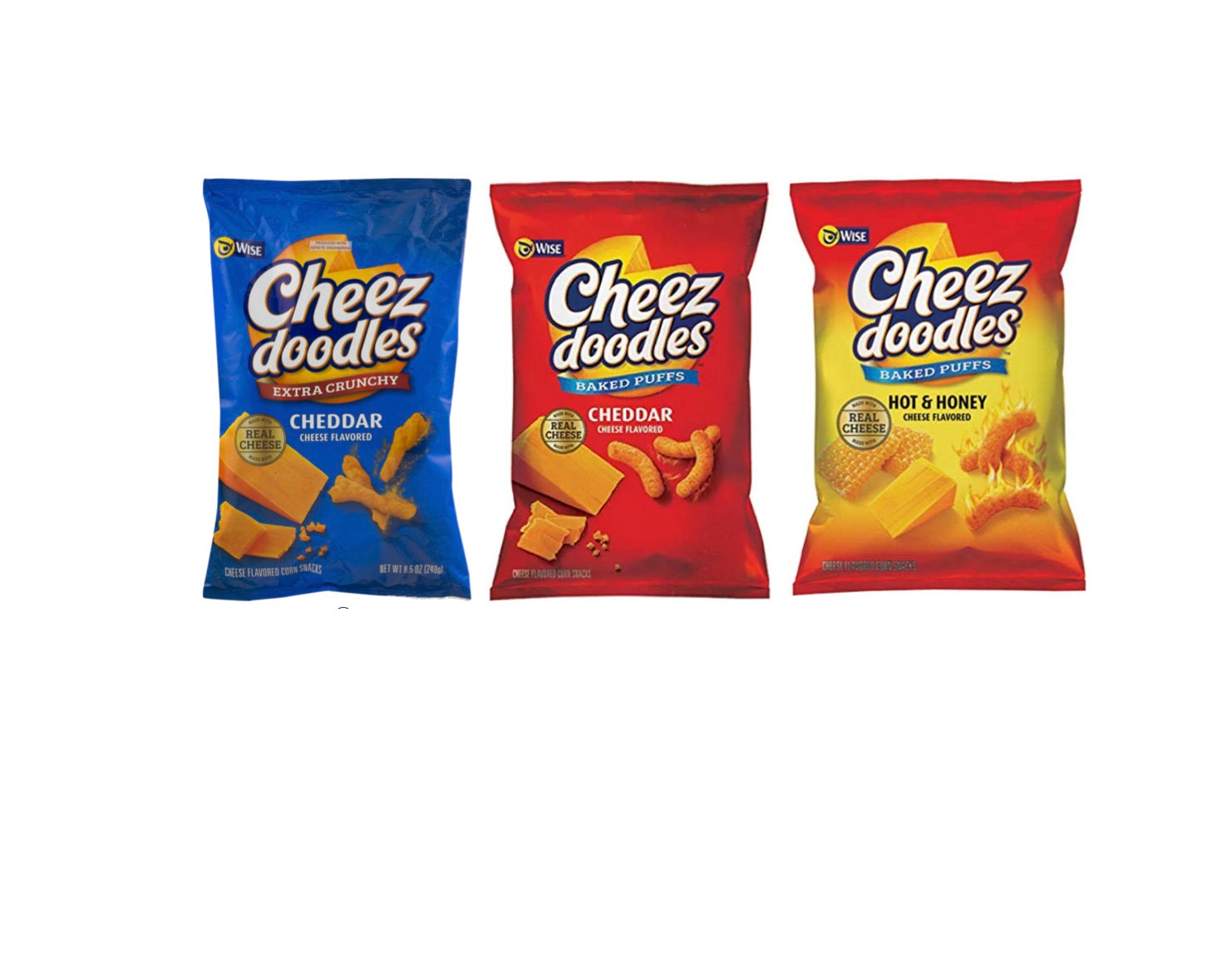 Wise Snacks Cheez Doodles Variety Pack Extra Crunchy, Baked Cheddar Puff, Baked Hot & Honey Cheese Flavors bags (3 count)