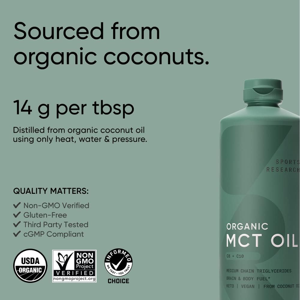 Sports Research Organic MCT Oil - Keto & Vegan MCTs C8, C10 from Cocon