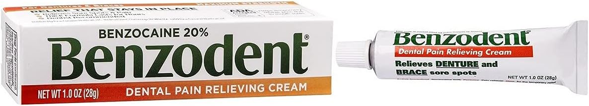 Benzodent Dental Pain Relieving Cream for Dentures and Braces, Topical Anesthetic, 1  Tube