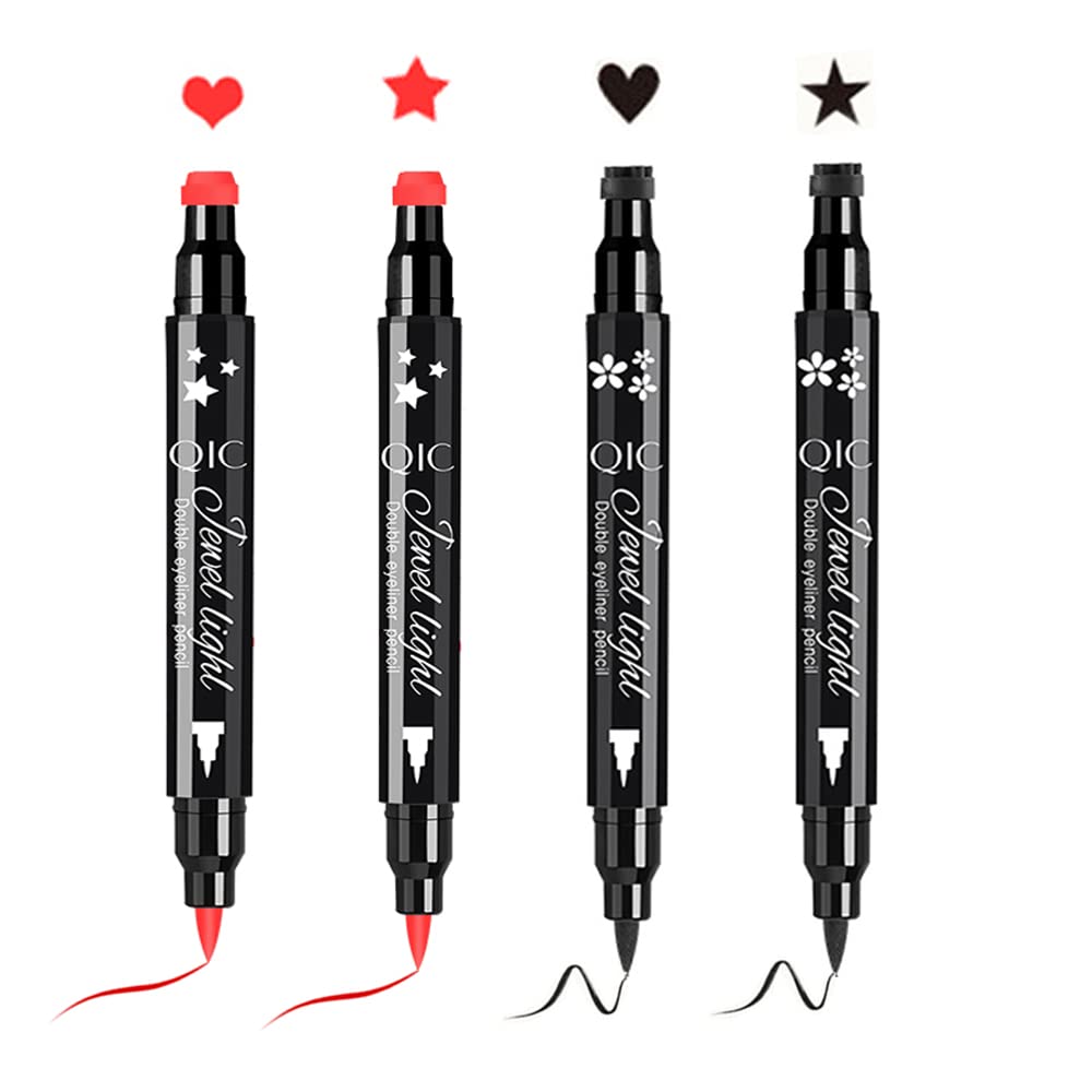 Red & Black Liquid Eyeliner and Heart Star Stamp Set?4 PCs Winged Eye Liners and Fun Shapes Stamps, Dual ended 2-in-1 Eye Makeup Pen