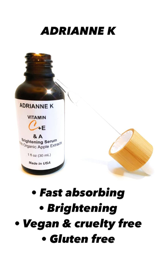 ADRIANNE K Organic Vitamin C Brightening Antioxidant Face Serum with Vitamin A & E. Vegan. Cruelty Free. Gluten Free. Non-sticky. Unisex