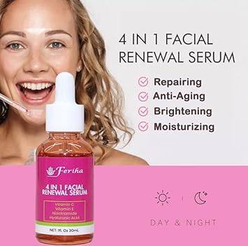 4 in 1 Facial Renewal Serum, with Vitamin C and E, Hyaluronic Acid and Niacinamide. Ultra Regenerating Facial Serum Treatment