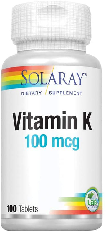 Solaray Vitamin K-1 100mcg | Healthy Bone Structure, Blood Clotting, Protein Synthesis Support | Non-GMO, Vegan & Lab Verified | 100 Tablets