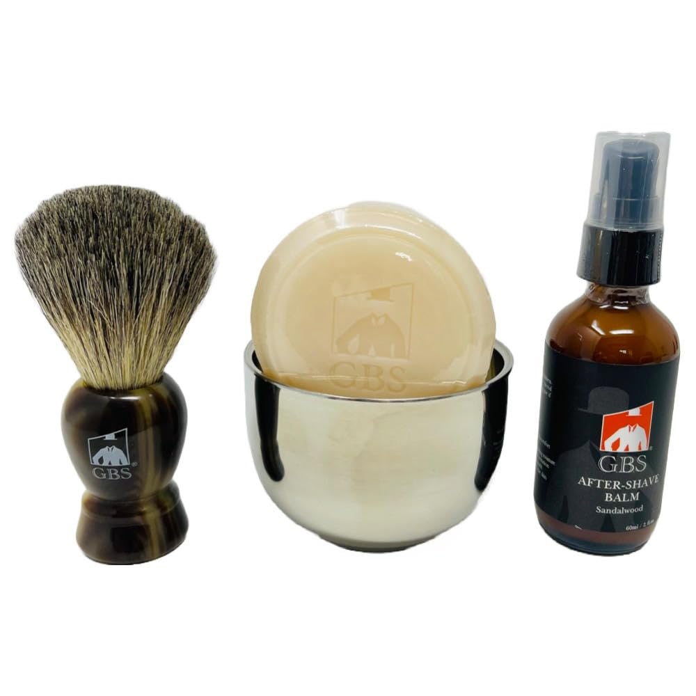 G.B.S Men's Shaving Starter Kit - Shaving Soap, Shaving Brush with Horn Handle, Stainless Steel Soap Cup, Sandalwood Aftershave Balm