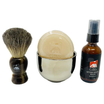 G.B.S Men's Shaving Starter Kit - Shaving Soap, Shaving Brush with Horn Handle, Stainless Steel Soap Cup, Sandalwood Aftershave Balm