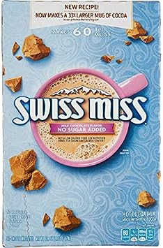 Swiss Miss No Sugar Added Hot Cocoa Mix, Milk Chocolate, 60 Count Envelopes, each Packets, New Recipe Makes a Larger 8oz Mug of Cocoa