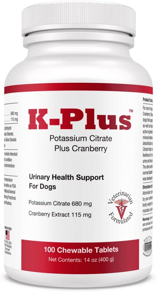 K-Plus Potassium Citrate Plus Cranberry Supplement for Dogs - UTI Remedy Chewable Tablets - Supports Bladder Health - Fo