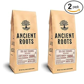 Ancient Roots Flavored Mushroom Coffee By Corim Premium Blends,  Bag (Two-Pack) (Salted Caramel)