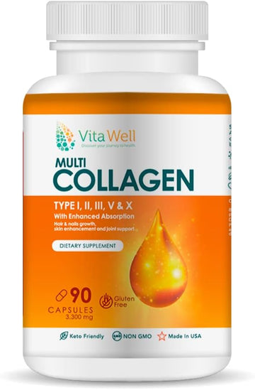 Vitawell Multi Collagen(Type I,II,III, V & X) 90 Capsules, Keto Friend3.25 Ounces