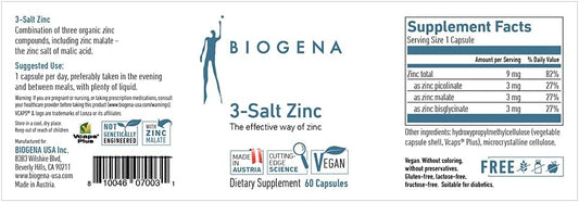 Biogena 3-Salt Zinc - Three Highly bioavailable Organic zinc compounds - 60 Capsules