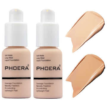 2 Pack PHOERA Foundation,Matte Oil Control Concealer Foundation Cream,PHOERA Long Lasting Waterproof Matte Liquid Foundation for Women Girls (102 Nude+104 Buff Beige)