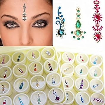 IS4A Long Multicolored Crystal Bindis Tattoo Stickers Adhesive Body Jewelry Multi Size Forehead Indian Daily Use Bindi (Pack Of 12 Bindis)