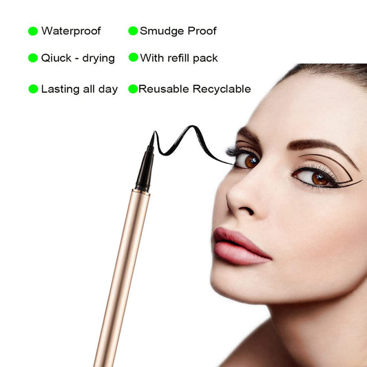 GLAMCOLOUR Reusable Eyeliner Liquid Liner Pen, with 2 ml Refill Eye liner Pack Smudge Proof Waterproof Lasting All Day, Pencil for Women and Girl Eye Makeup Beauty Product (BLACK +REFILL 2ML)