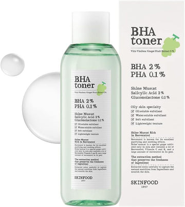 SKINFOOD Shine Muscat BHA Toner 6.76 . (200), 2% BHA Salicylic Acid & 0.1% PHA Gluconolactone Facial Exfoliant for Clogged Pores, Hydration Boosting, Smooth Skin