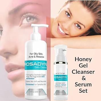 Rosacea and Acne Gel Cleanser & CoQ10 Face Serum Set for Sensitive Skin and Breakouts | formulated with Organic Honey By Rosadyn+