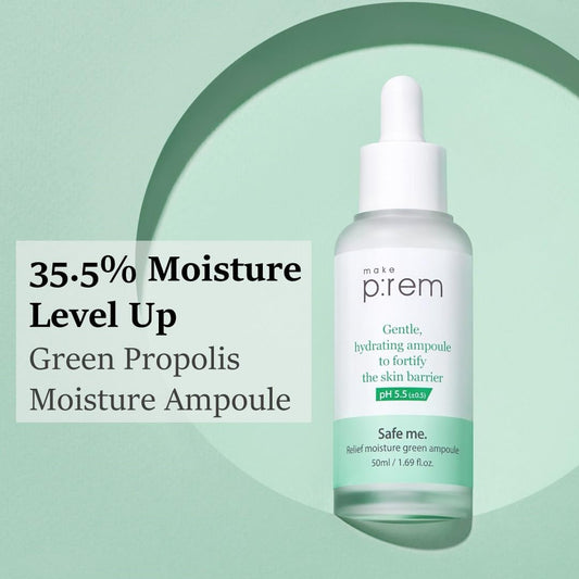 make prem Safe me. Relief Moisture Green Ampoule, EVE VEGAN, Clinically proven to increase moisture by 15.41% after 10 seconds. pH Balanced Green Propolis Skin Barrier Repair Korean facial serum for Sensitive and All Skin Types, Fragrance Free, 50, 1