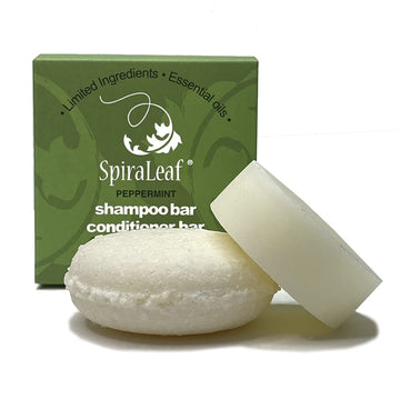 SpiraLeaf Shampoo Bar & Conditioner Bar Set, PEPPERMINT Pure Essential Oils, Light Scent, Limited Ingredients, Concentrated Formula, Made USA, Zero Waste, Color-Fragrance Free, Travel Ready