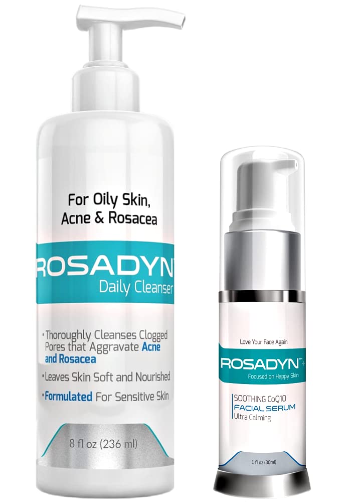 Rosacea and Acne Gel Cleanser & CoQ10 Face Serum Set for Sensitive Skin and Breakouts | formulated with Organic Honey By Rosadyn+