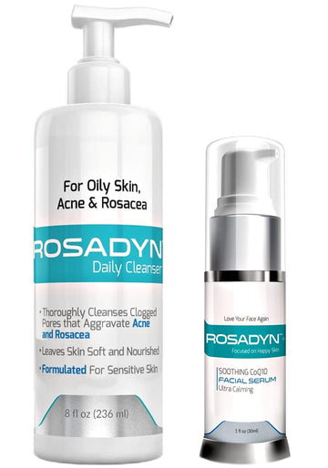 Rosacea and Acne Gel Cleanser & CoQ10 Face Serum Set for Sensitive Skin and Breakouts | formulated with Organic Honey By Rosadyn+