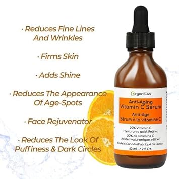 OrganiCAN DOUBLE SIZE (2 ) 20% Vitamin C Anti Aging Serum for Face with Hyaluronic Acid, Organic, Vegan - Skin Brightening - Face Care for Dark Spots, Fine Lines, Wrinkles