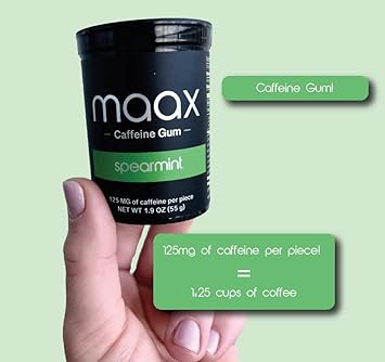 Maax Caffeine Gum | 125mg of caffeine per piece | Spearmint | 25 pieces per container | Focus Supplement