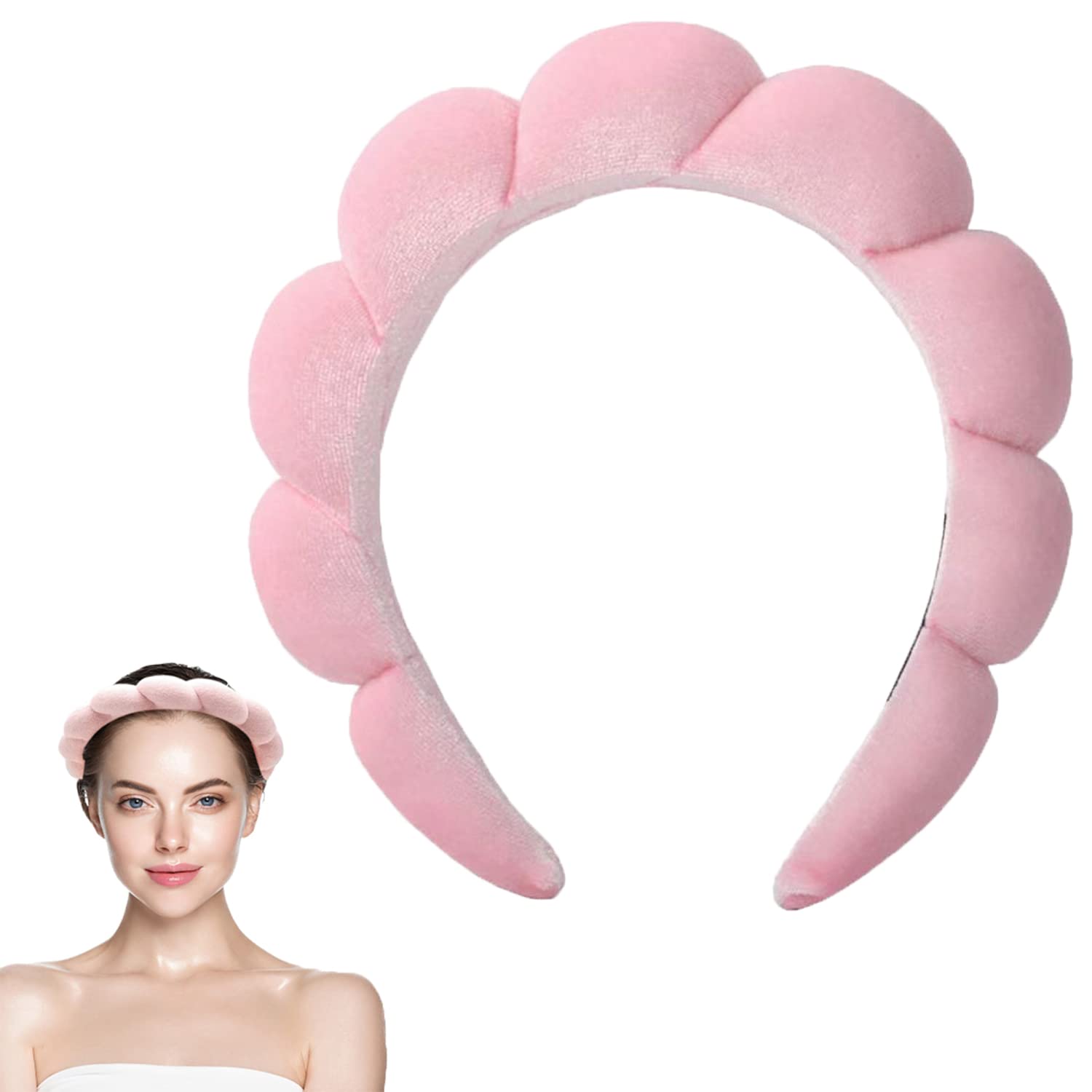 TULOBI Spa Headband - Soft Skincare Makeup Headband, Velour Puffy Headband for Washing Face, Makeup Removal, Shower, Facial Mask Terry Cloth Fabric Hair Accessories for Women and Girls - Pink